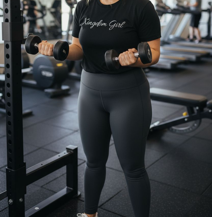 Person lifting dumbbells in a gym wearing a black t-shirt with 'Kingdom Girl' text.