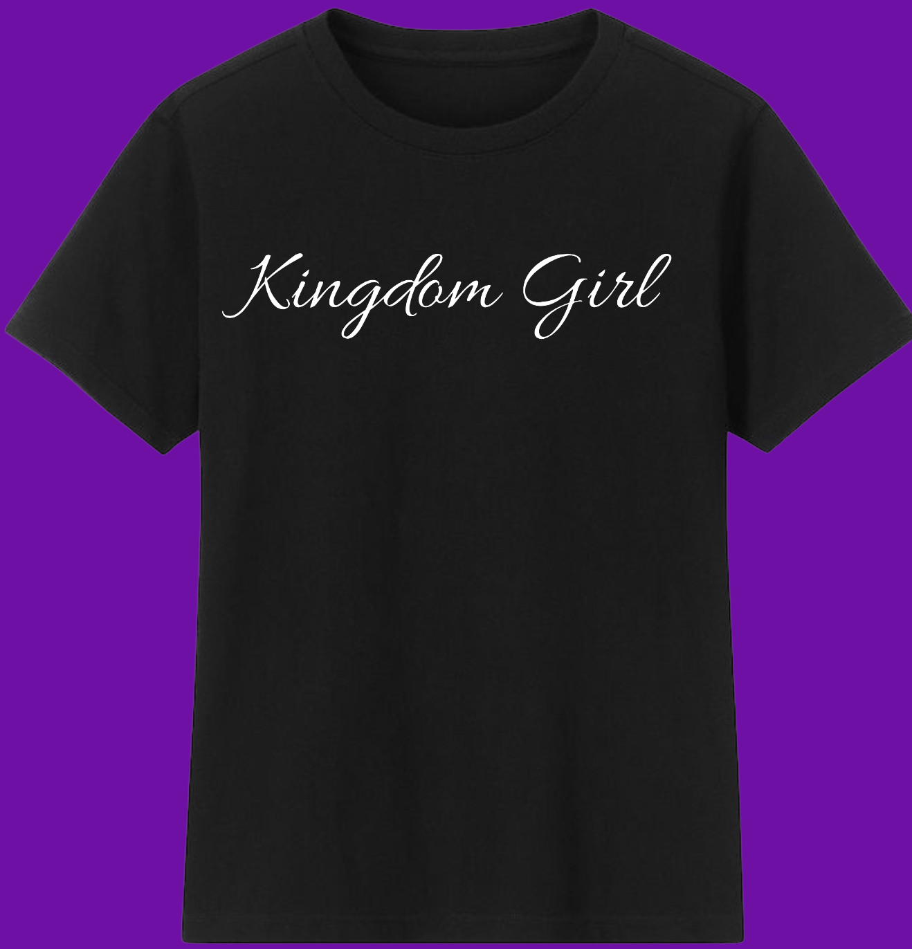 Black t-shirt with 'Kingdom Girl' text on a purple background